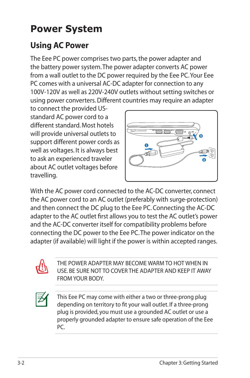 Power system, Using ac power | Asus Eee PC 1000HE User Manual | Page 26 / 86