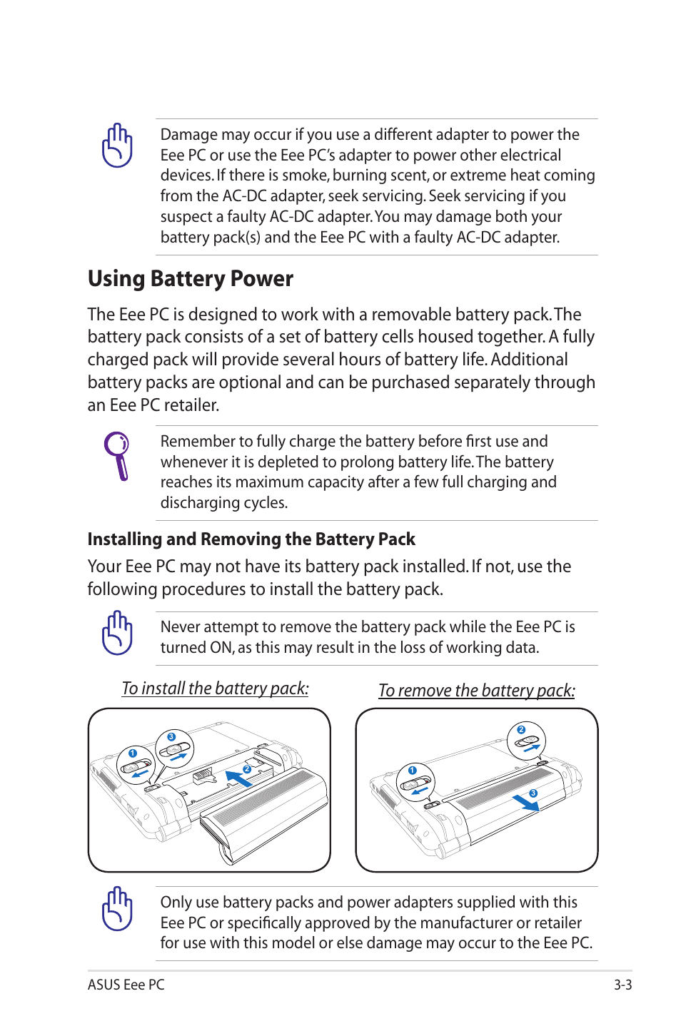 Using battery power, Asus eee pc 3-3 | Asus Eee PC 1000HE User Manual | Page 27 / 86