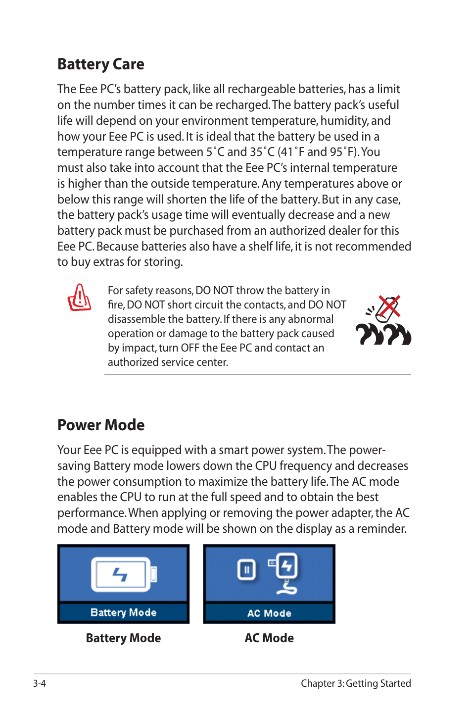 Battery care, Power mode | Asus Eee PC 1000HE User Manual | Page 28 / 86