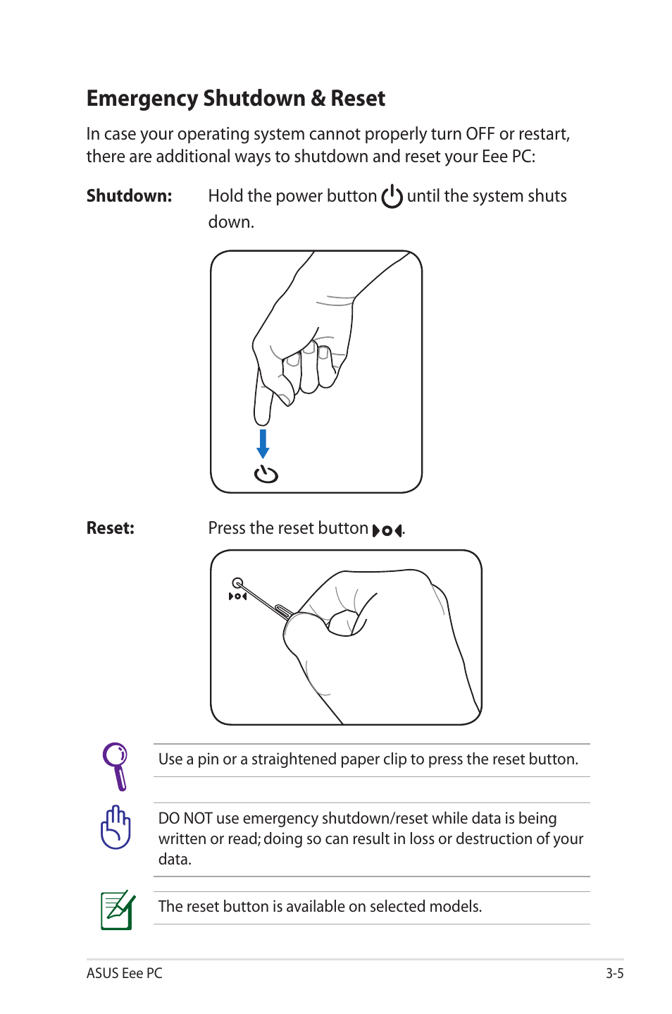 Emergency shutdown & reset | Asus Eee PC 1000HE User Manual | Page 29 / 86