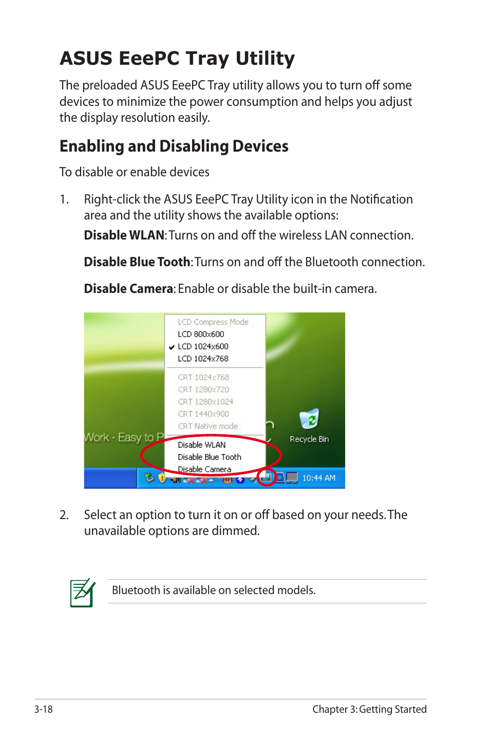 Asus eeepc tray utility, Enabling and disabling devices | Asus Eee PC 1000HE User Manual | Page 42 / 86