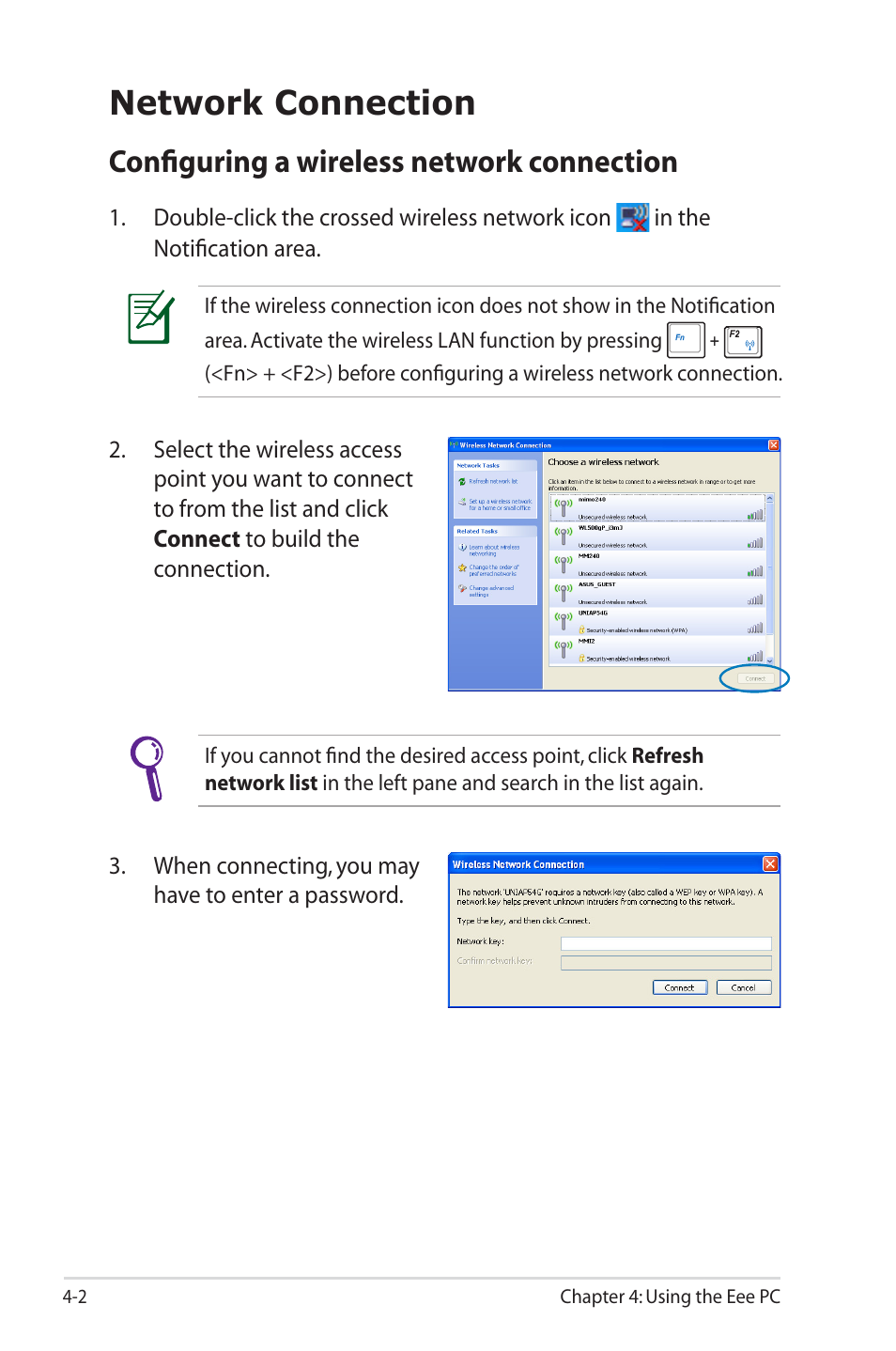 Network connection, Configuring a wireless network connection | Asus Eee PC 1000HE User Manual | Page 46 / 86