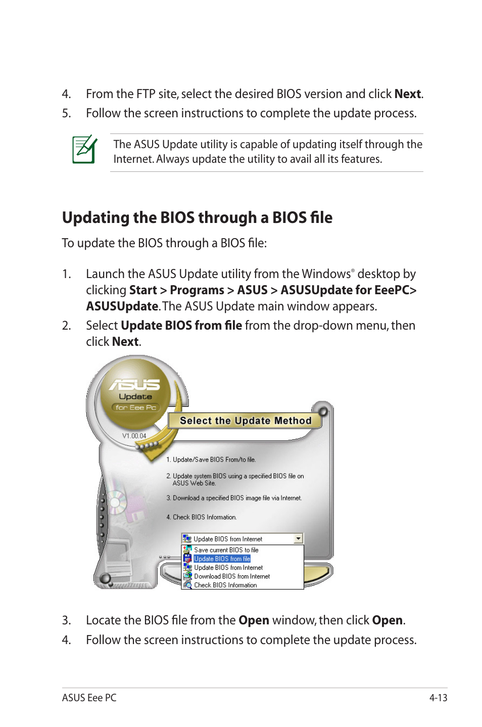 Updating the bios through a bios file | Asus Eee PC 1000HE User Manual | Page 57 / 86