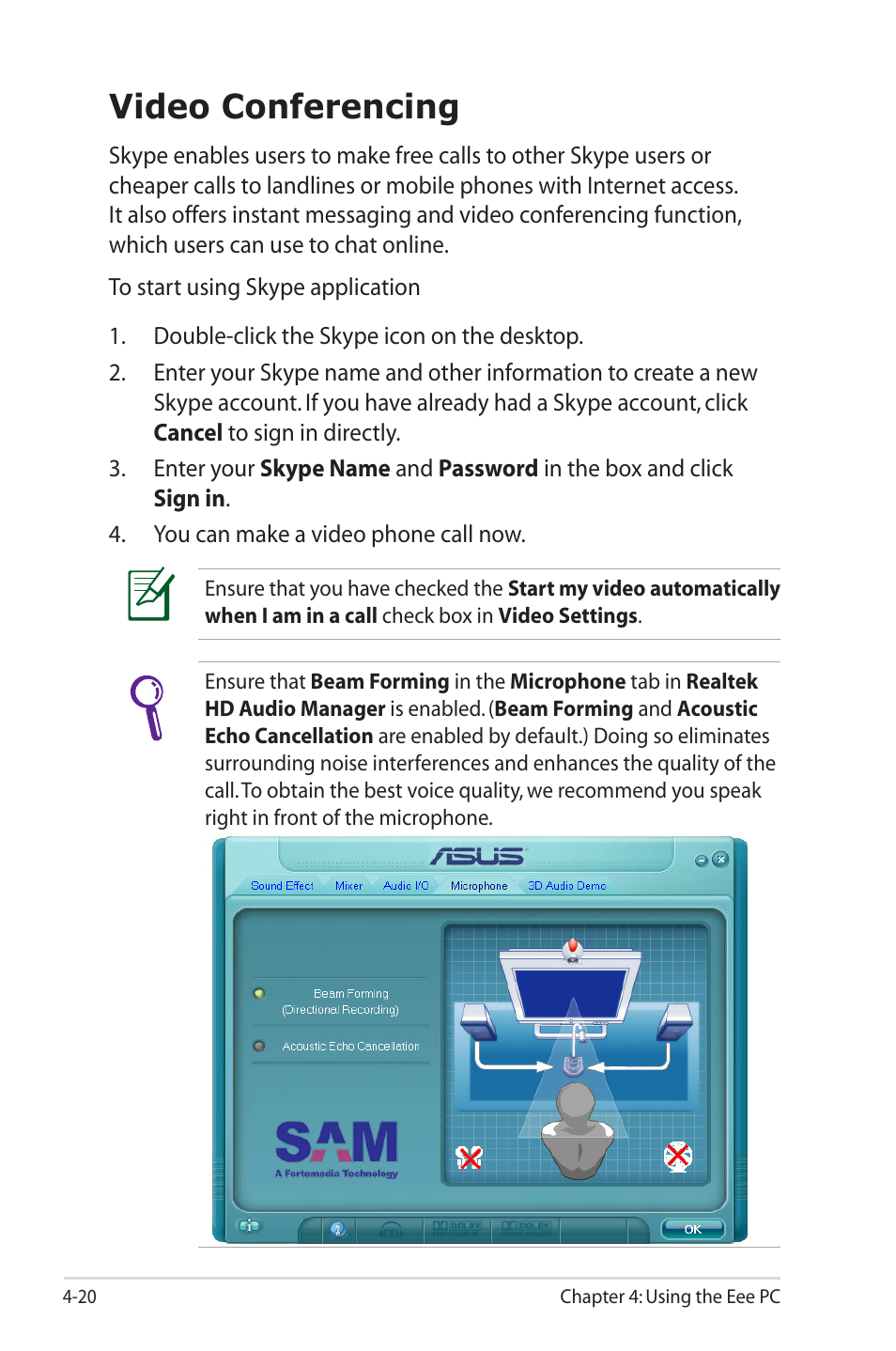 Video conferencing | Asus Eee PC 1000HE User Manual | Page 64 / 86