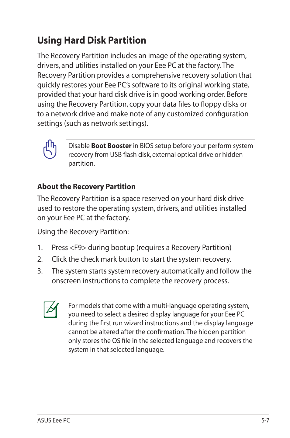 Using hard disk partition | Asus Eee PC 1000HE User Manual | Page 71 / 86