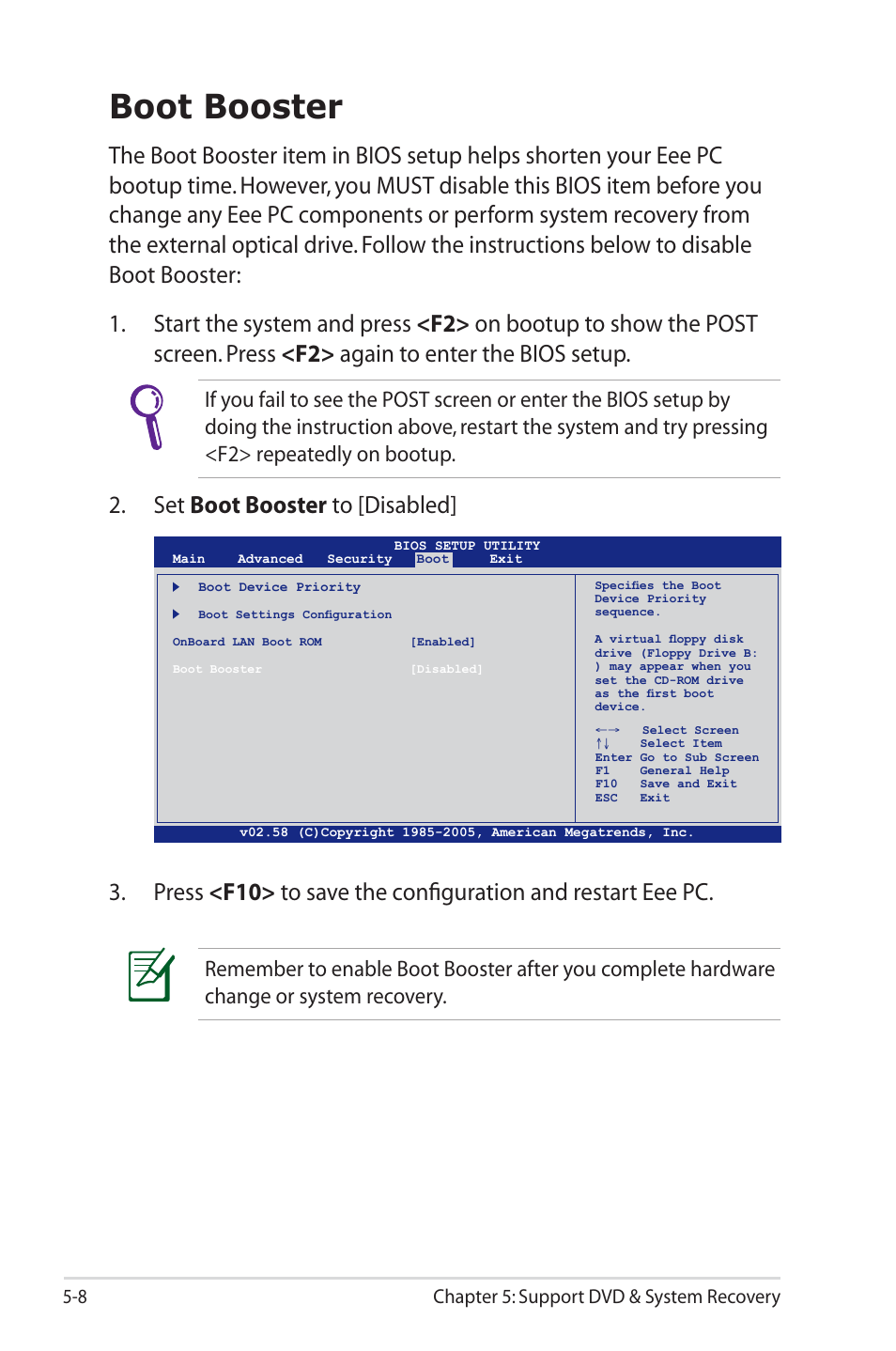 Boot booster, Set boot booster to [disabled, 8 chapter 5: support dvd & system recovery | Asus Eee PC 1000HE User Manual | Page 72 / 86