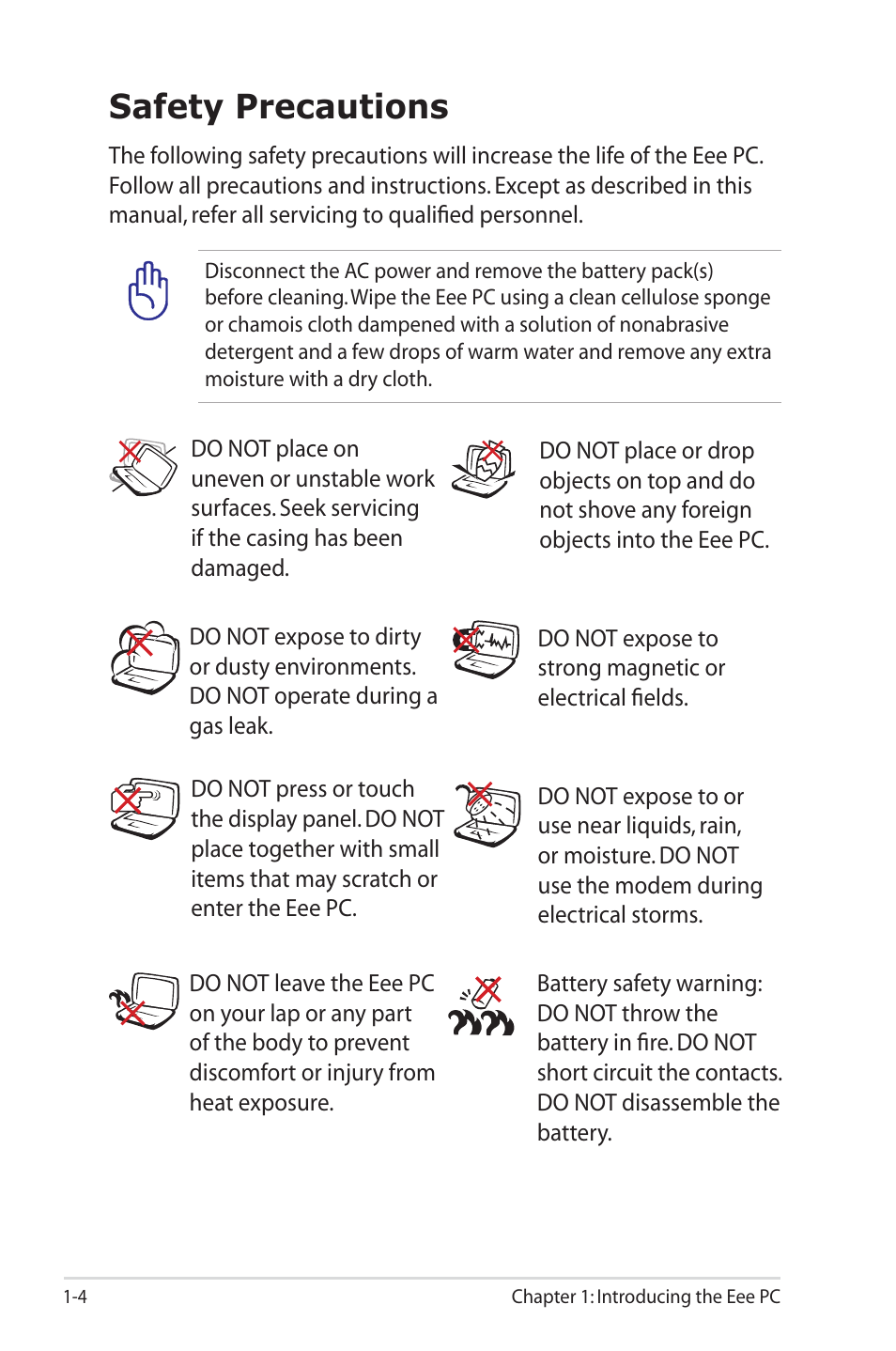 Safety precautions | Asus Eee PC 1000HE User Manual | Page 8 / 86