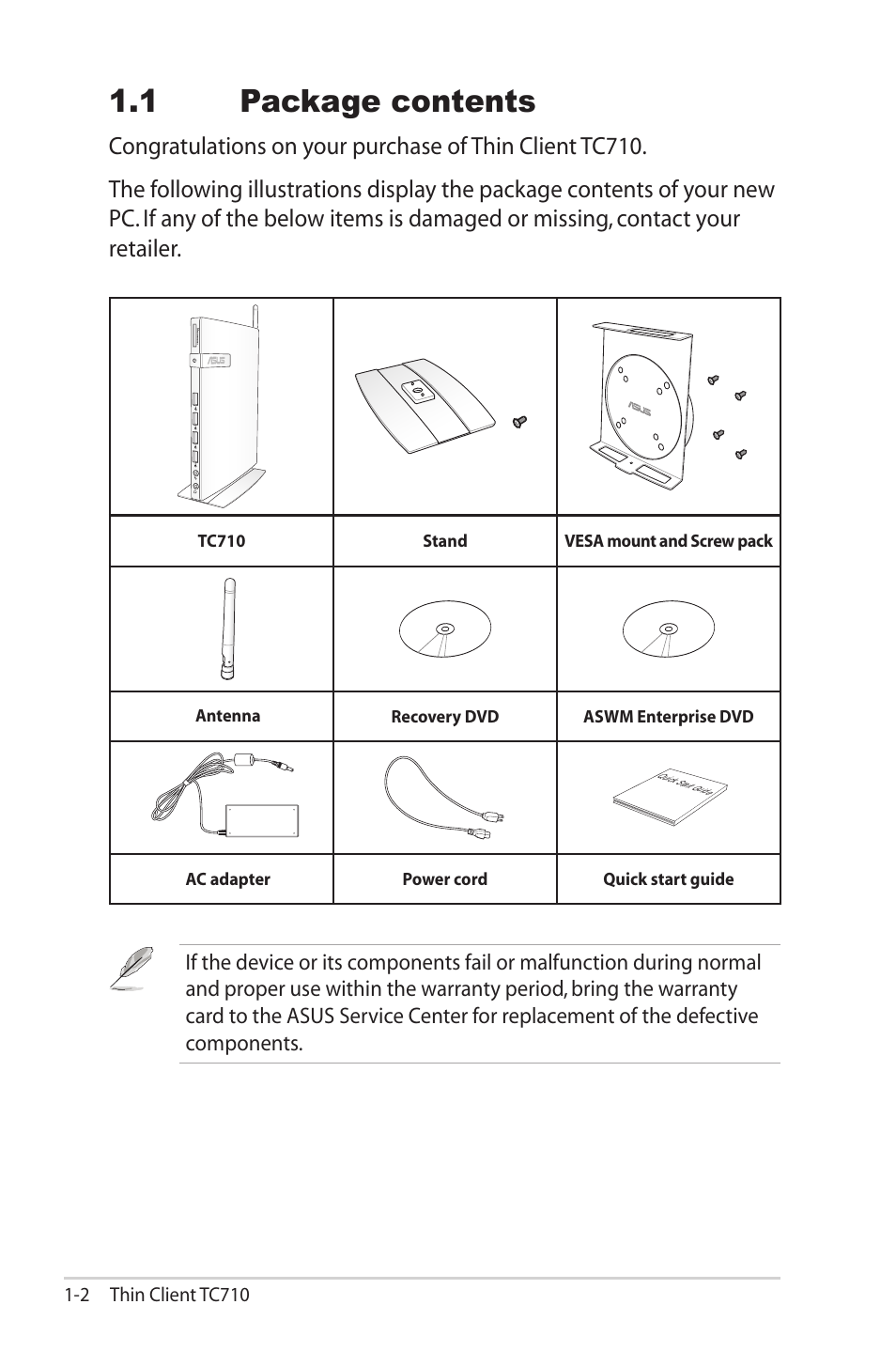 1 package contents, 1 package contents -2 | Asus TC710 User Manual | Page 16 / 40