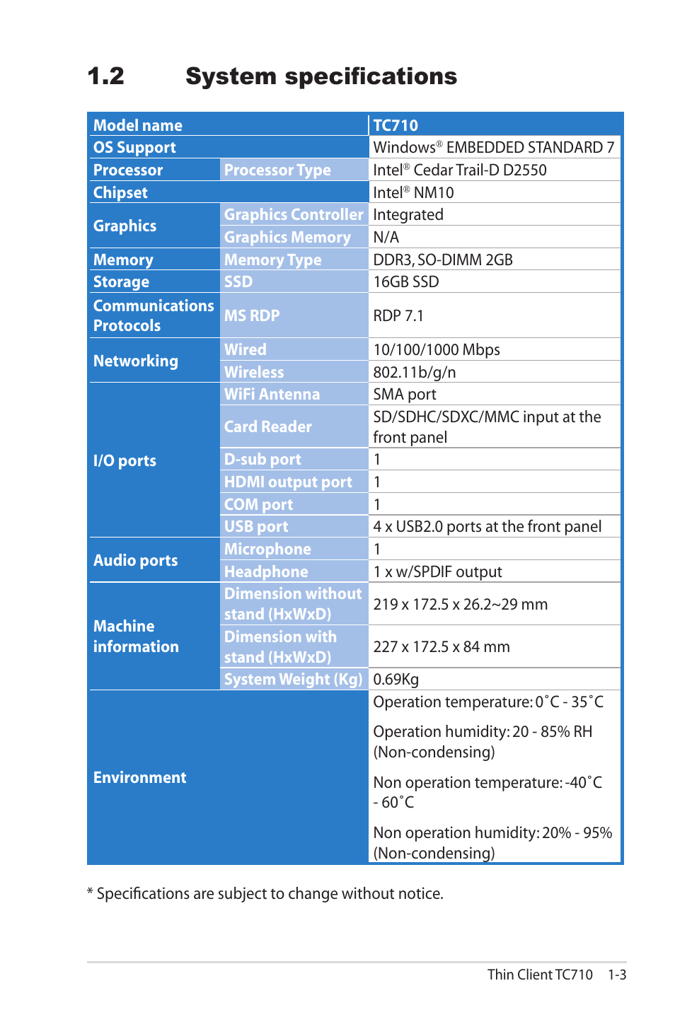 2 system specifications, 2 system specifications -3 | Asus TC710 User Manual | Page 17 / 40