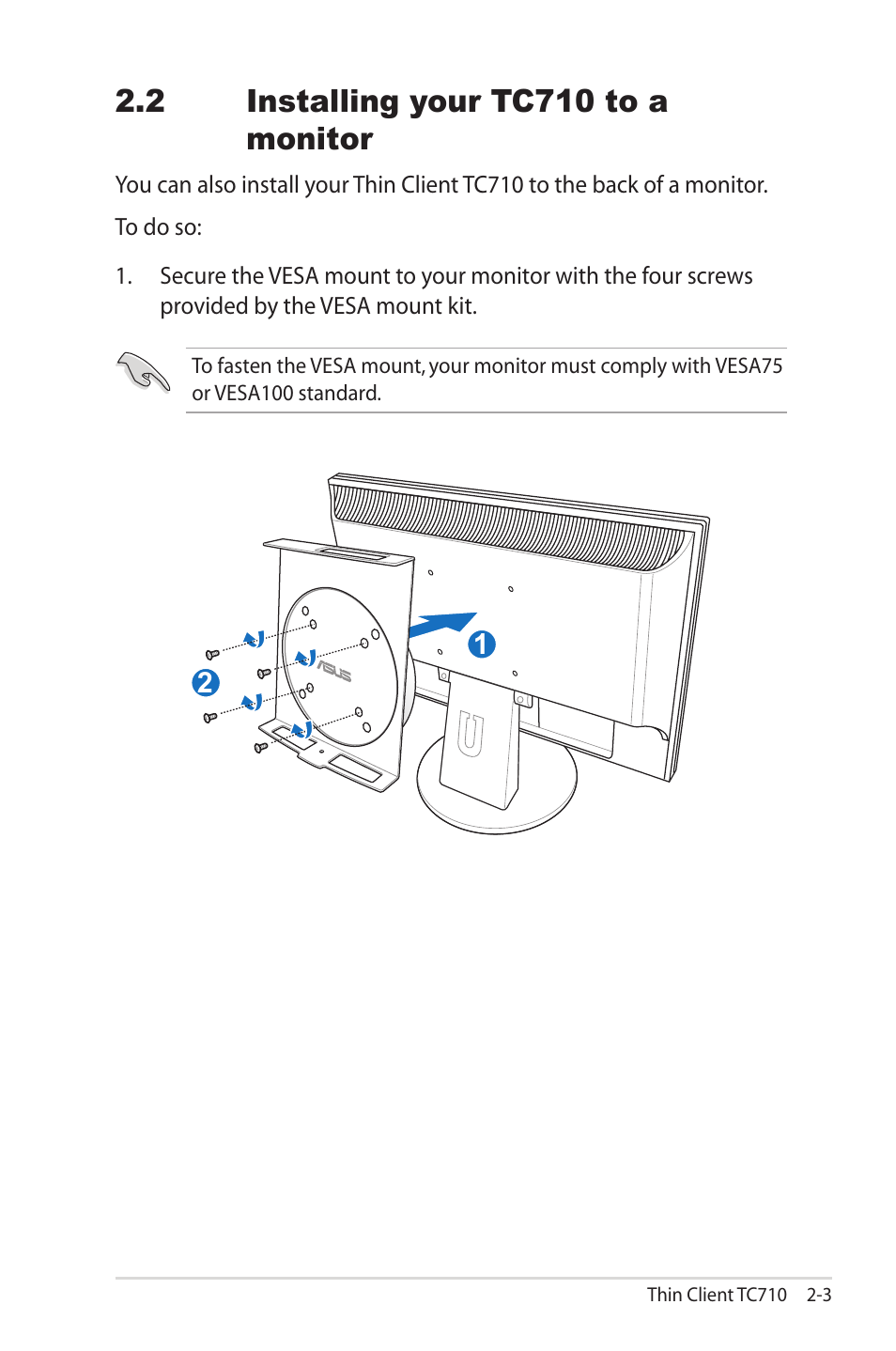 2 installing your tc710 to a monitor, 2 installing your tc710 to a monitor -3, 2 installing your tc710 to a monitor | Asus TC710 User Manual | Page 25 / 40