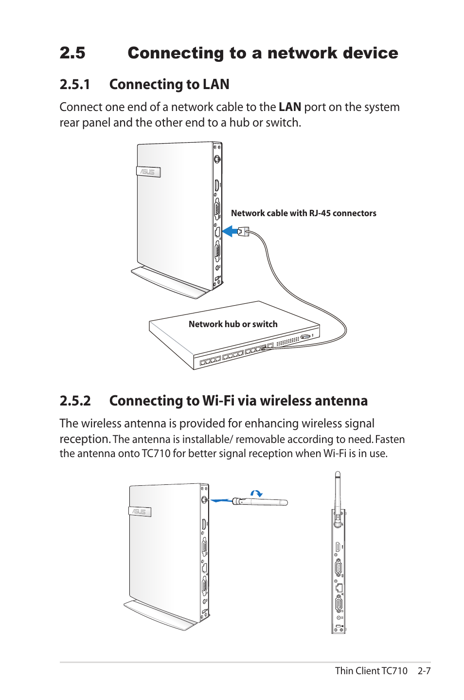 5 connecting to a network device, 1 connecting to lan, 2 connecting to wi-fi via wireless antenna | 5 connecting to a network device -7, 5 connecting to a network device | Asus TC710 User Manual | Page 29 / 40