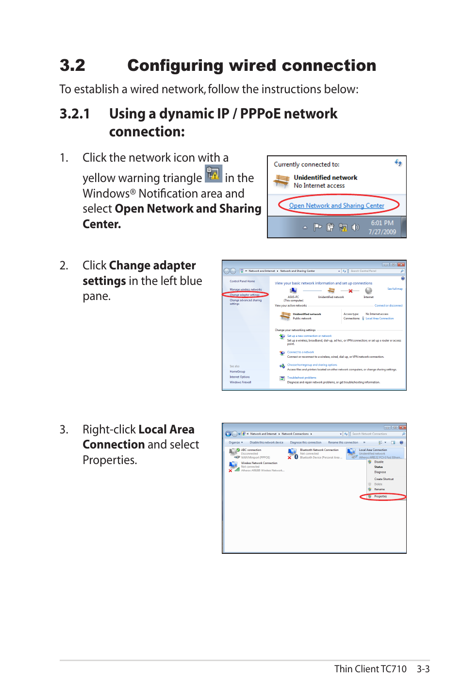 2 configuring wired connection, 1 using a dynamic ip / pppoe network connection, 2 configuring wired connection -3 | 1 using a dynamic ip / pppoe network connection | Asus TC710 User Manual | Page 33 / 40