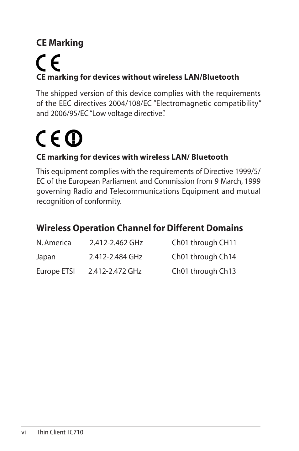 Ce marking, Wireless operation channel for different domains | Asus TC710 User Manual | Page 6 / 40