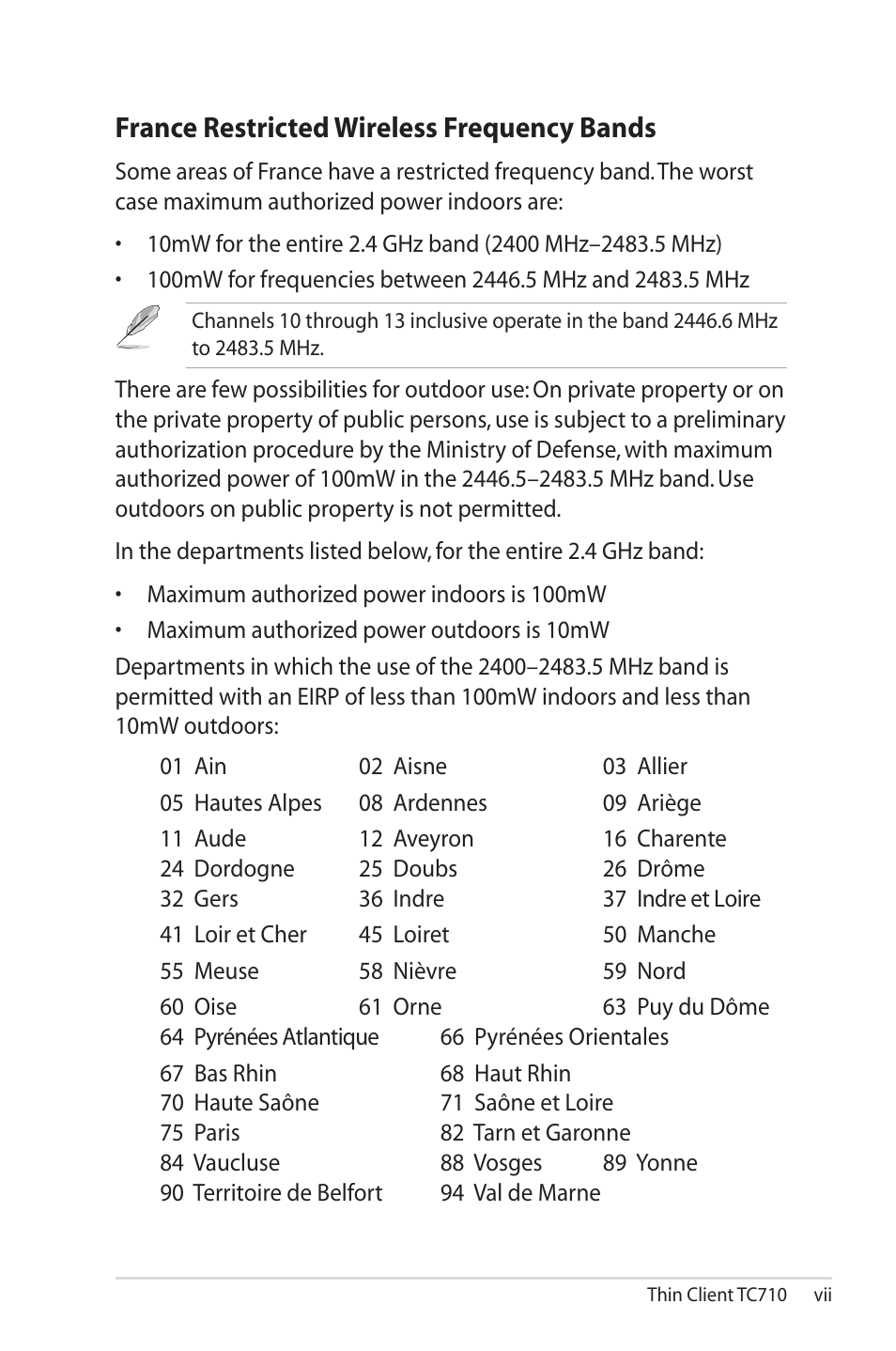 France restricted wireless frequency bands | Asus TC710 User Manual | Page 7 / 40