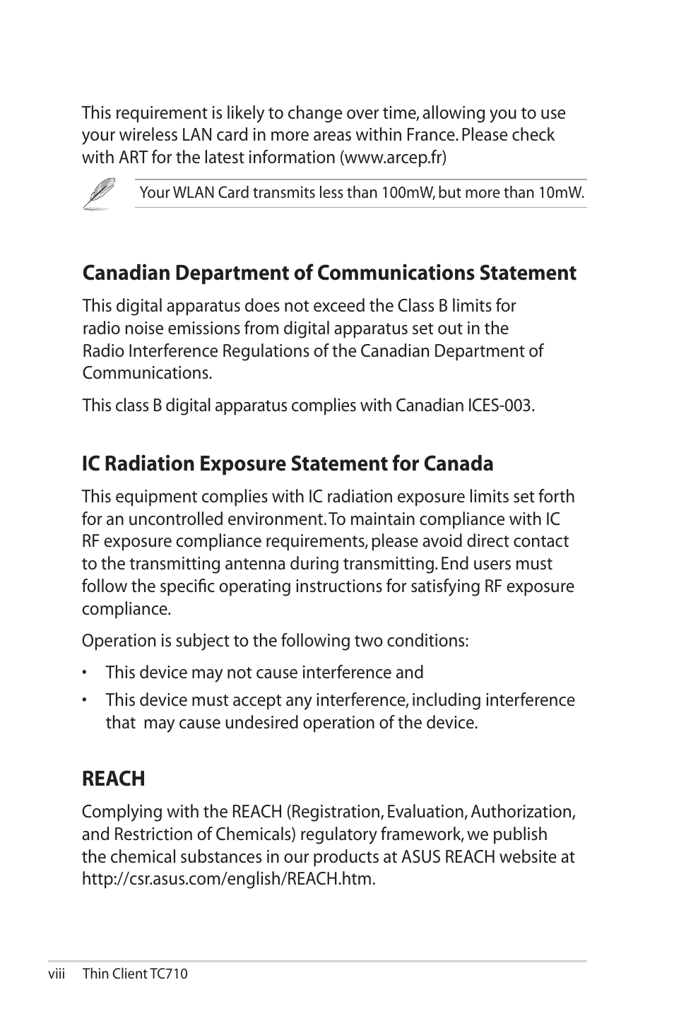 Canadian department of communications statement, Ic radiation exposure statement for canada, Reach | Asus TC710 User Manual | Page 8 / 40