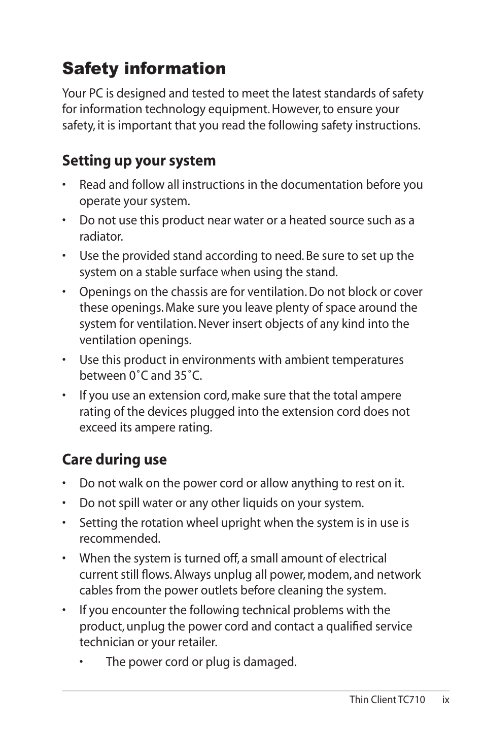 Safety information, Care during use, Setting up your system | Asus TC710 User Manual | Page 9 / 40