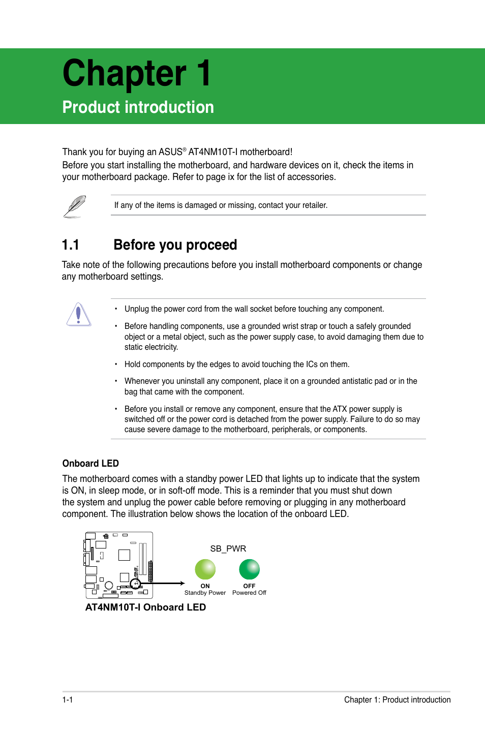 Chapter 1, Product introduction, 1 before you proceed | Before you proceed -1 | Asus AT4NM10T-I User Manual | Page 11 / 44