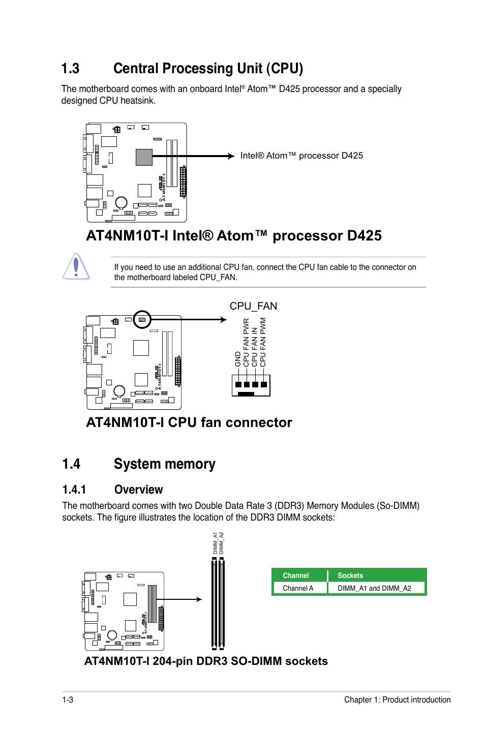 3 central processing unit (cpu), 4 system memory, 1 overview | Central processing unit (cpu) -3, System memory -3 1.4.1, Overview -3, At4nm10t-i cpu fan connector, Cpu_fan | Asus AT4NM10T-I User Manual | Page 13 / 44