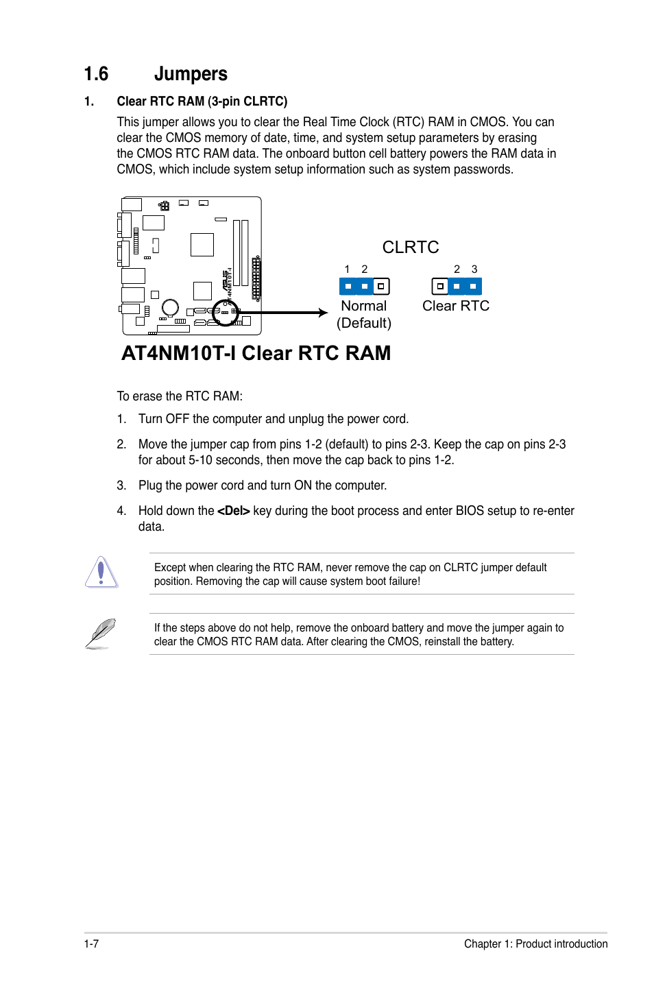 6 jumpers, Jumpers -7, At4nm10t-i clear rtc ram | Clrtc | Asus AT4NM10T-I User Manual | Page 17 / 44