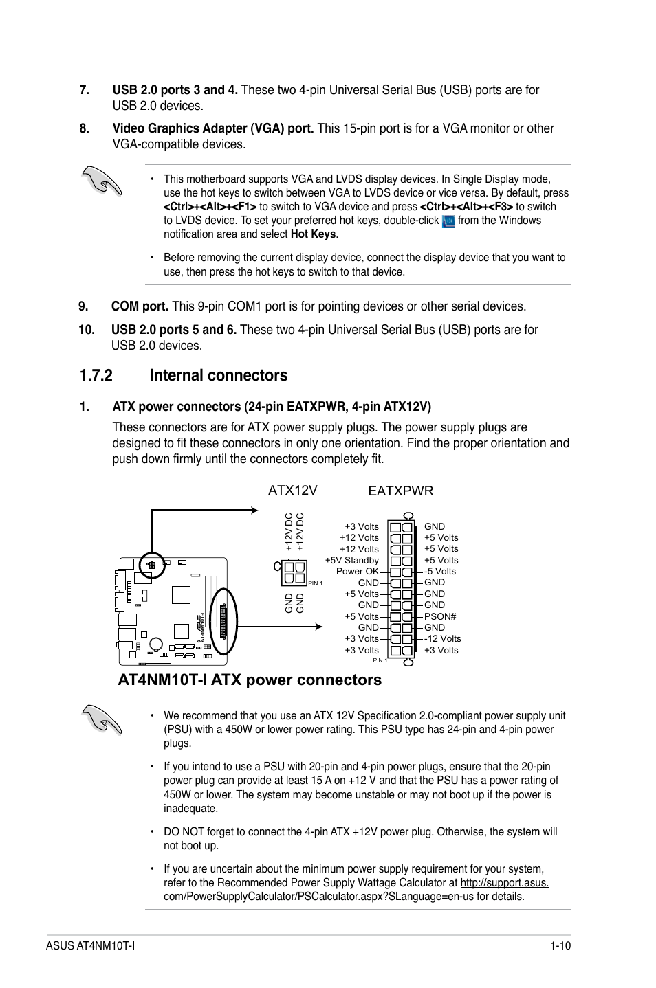 2 internal connectors, Internal connectors -10, At4nm10t-i atx power connectors | Asus AT4NM10T-I User Manual | Page 20 / 44