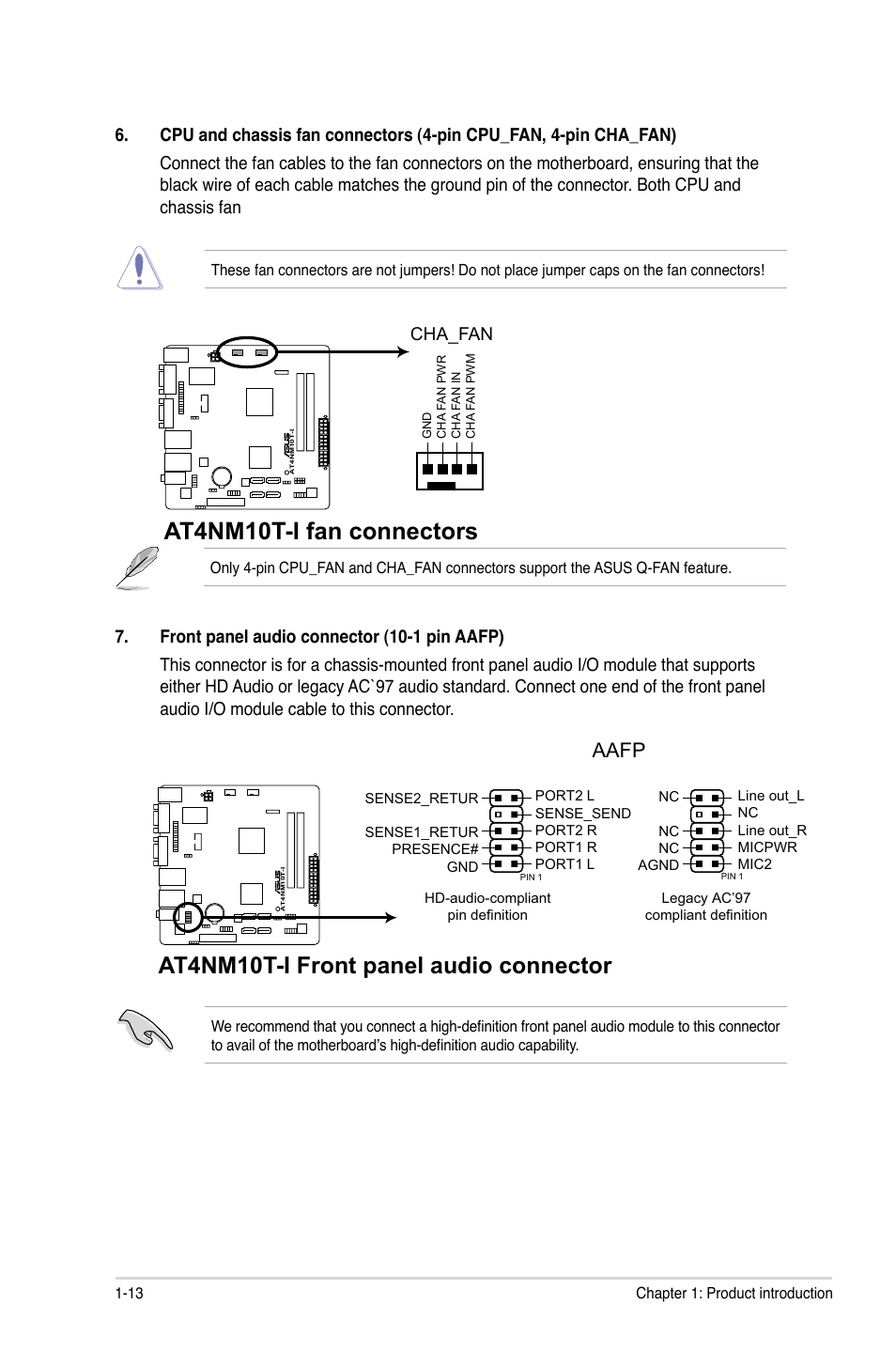 At4nm10t-i fan connectors, At4nm10t-i front panel audio connector, Aafp | Cha_fan cpu_fan | Asus AT4NM10T-I User Manual | Page 23 / 44