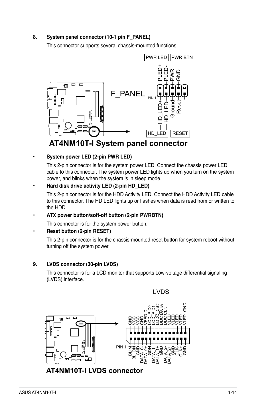 At4nm10t-i system panel connector, F_panel, At4nm10t-i lvds connector | Lvds | Asus AT4NM10T-I User Manual | Page 24 / 44