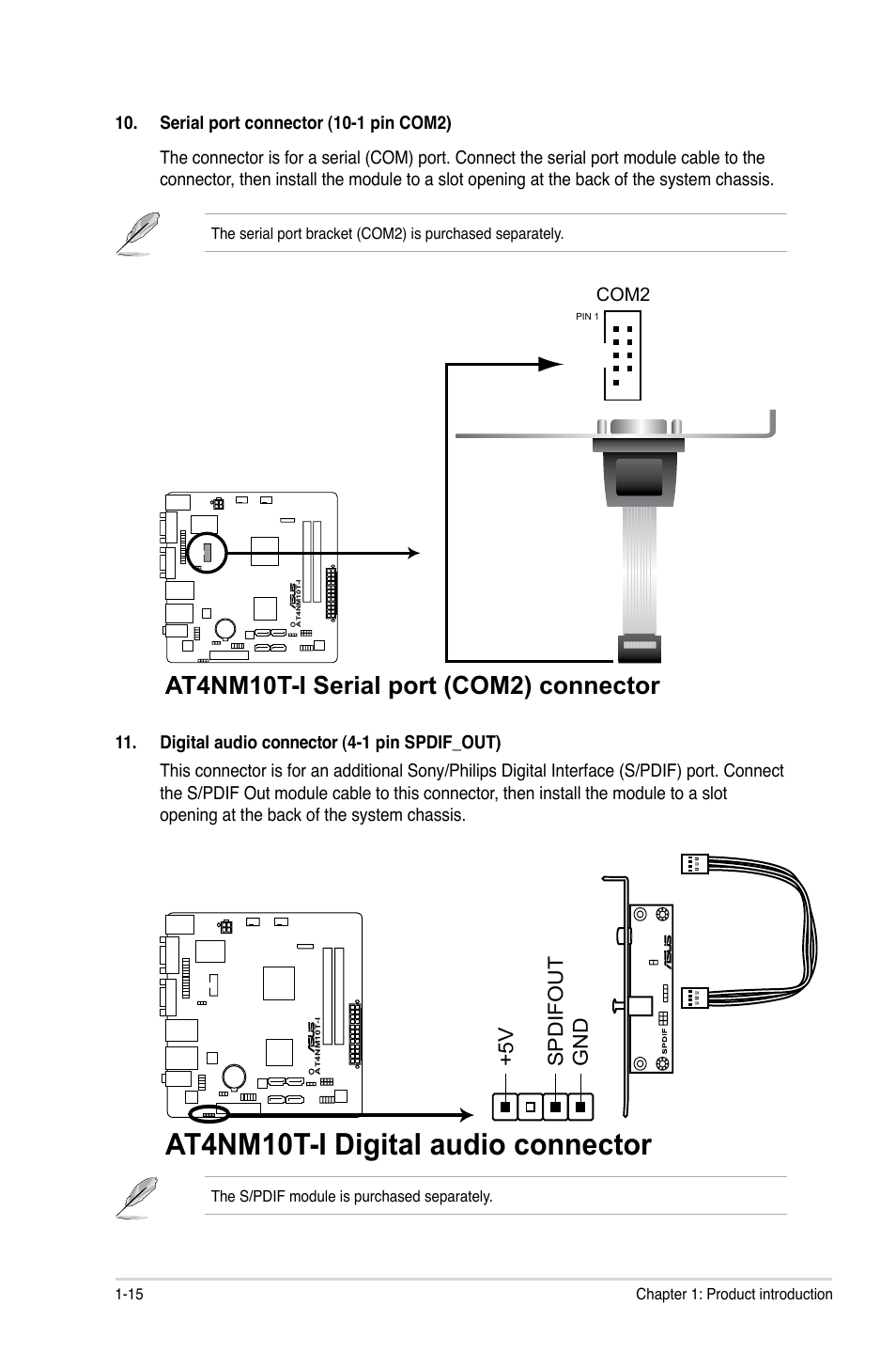 At4nm10t-i digital audio connector, At4nm10t-i serial port (com2) connector, 5 v spdifou t gnd | Asus AT4NM10T-I User Manual | Page 25 / 44