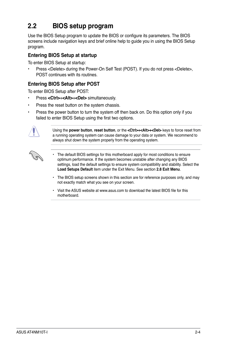 2 bios setup program, Bios setup program -4 | Asus AT4NM10T-I User Manual | Page 31 / 44