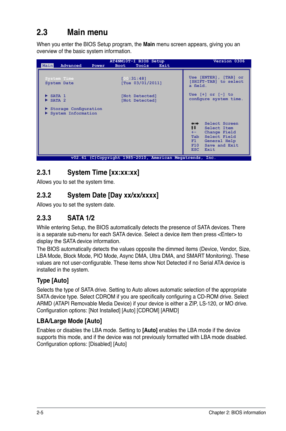 3 main menu, 1 system time [xx:xx:xx, 2 system date [day xx/xx/xxxx | 3 sata 1/2, Main menu -5 2.3.1, System time [xx:xx:xx] -5, System date [day xx/xx/xxxx] -5, Sata 1/2 -5, Type [auto, Lba/large mode [auto | Asus AT4NM10T-I User Manual | Page 32 / 44