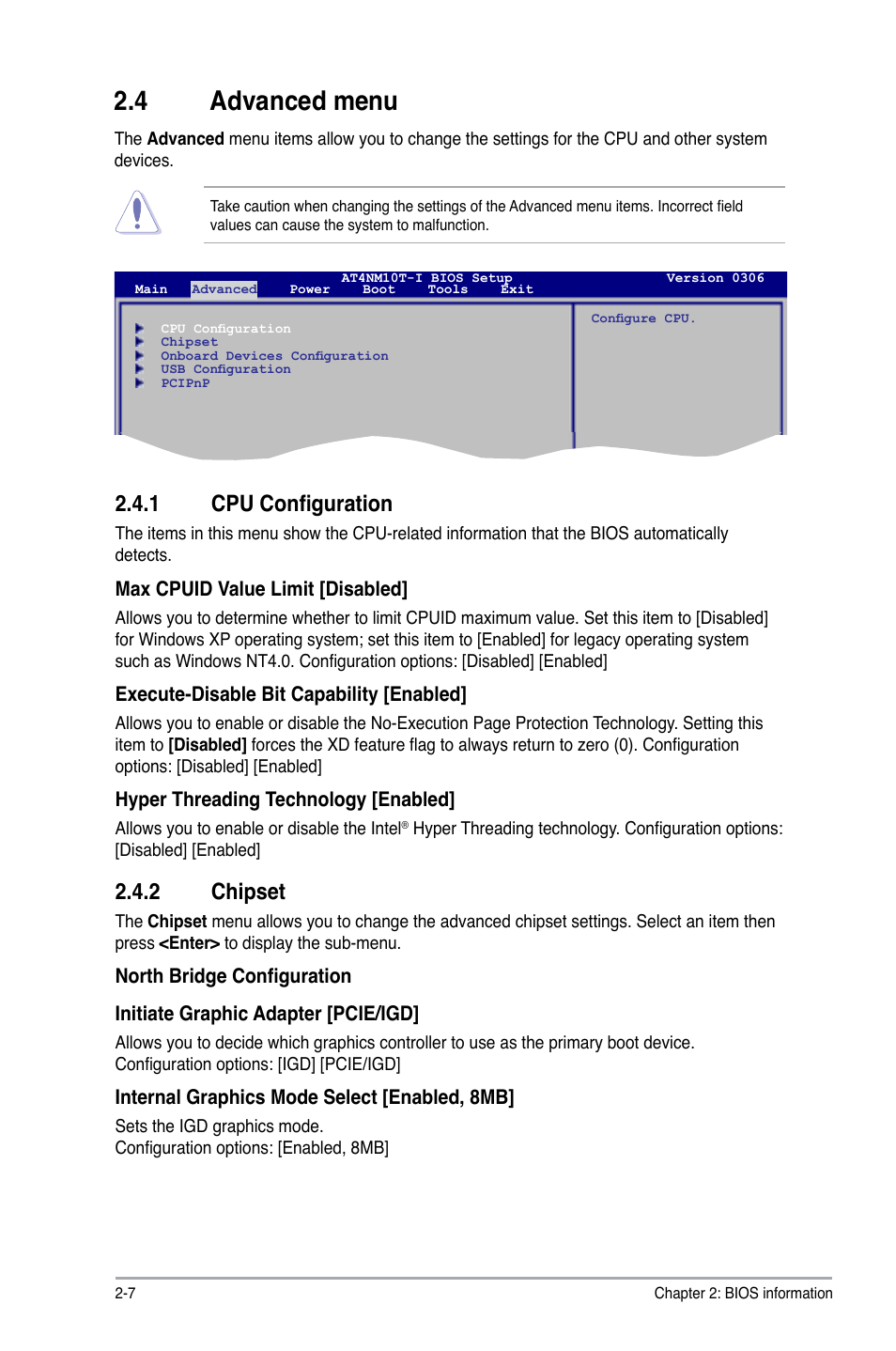 4 advanced menu, 1 cpu configuration, 2 chipset | Advanced menu -7 2.4.1, Cpu configuration -7, Chipset -7 | Asus AT4NM10T-I User Manual | Page 34 / 44