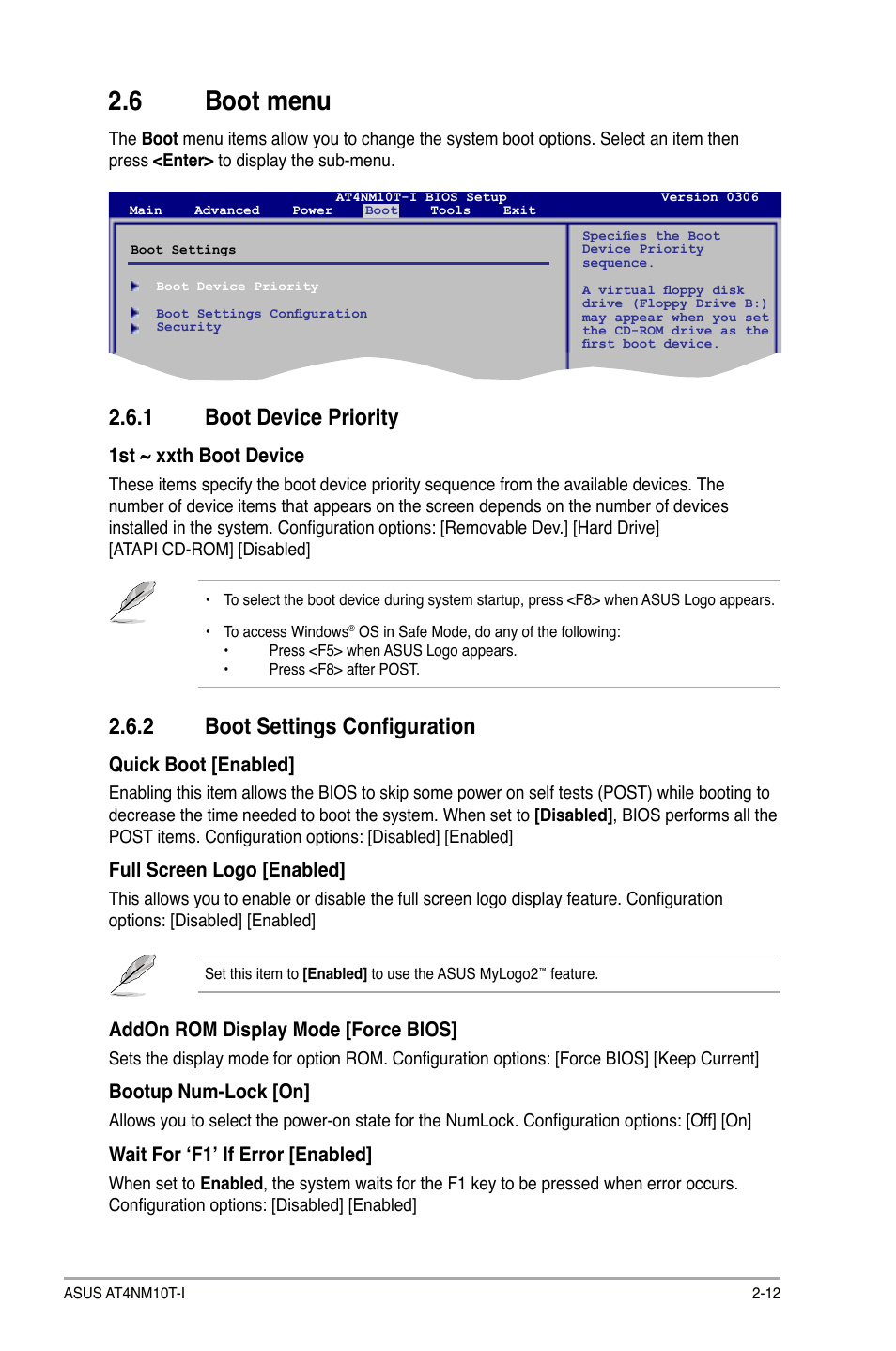 6 boot menu, 1 boot device priority, 2 boot settings configuration | Boot menu -12 2.6.1, Boot device priority -12, Boot settings configuration -12, 1st ~ xxth boot device, Quick boot [enabled, Full screen logo [enabled, Addon rom display mode [force bios | Asus AT4NM10T-I User Manual | Page 39 / 44