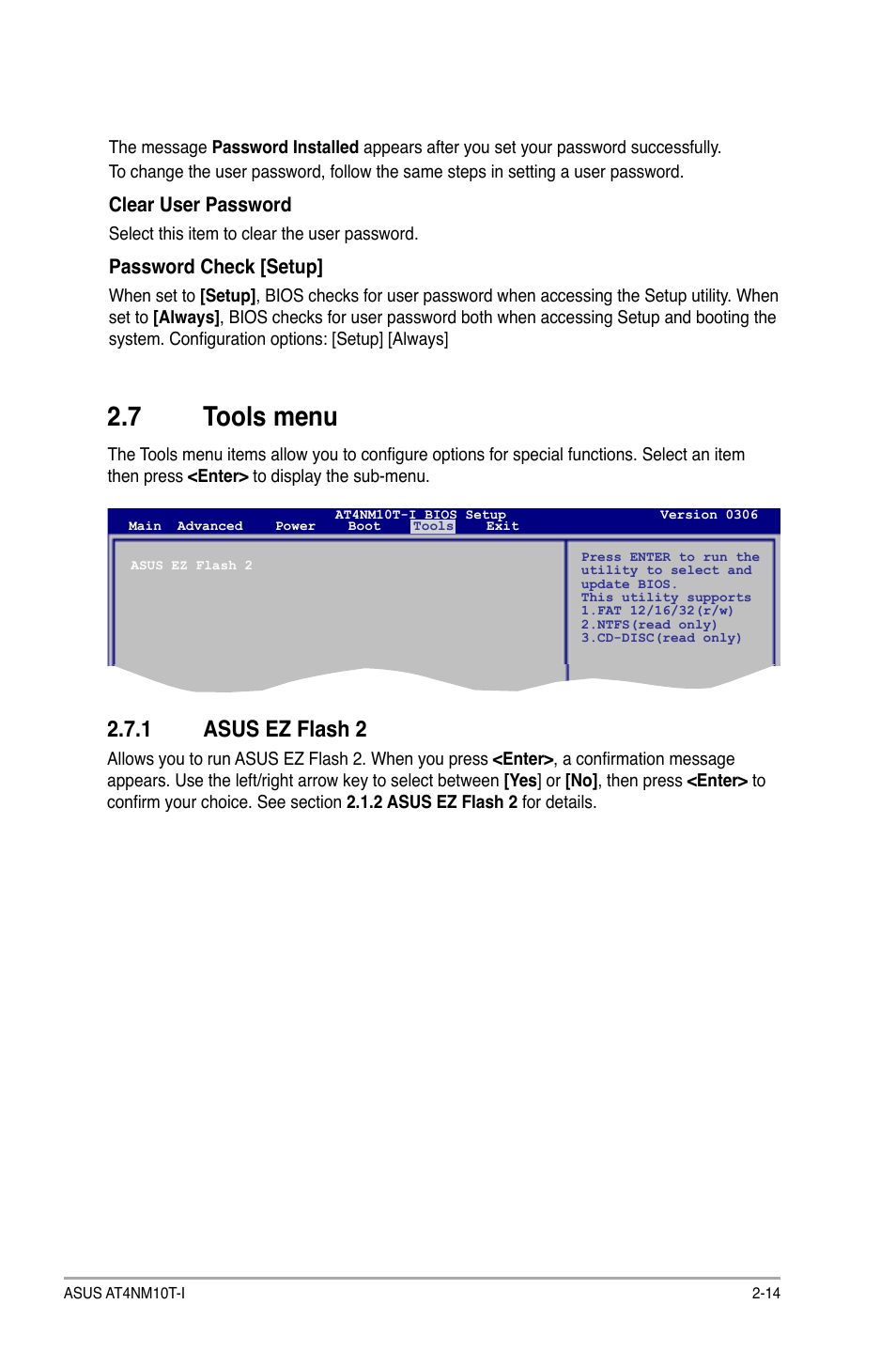 7 tools menu, 1 asus ez flash 2, Tools menu -14 2.7.1 | Asus ez flash 2 -14 | Asus AT4NM10T-I User Manual | Page 41 / 44