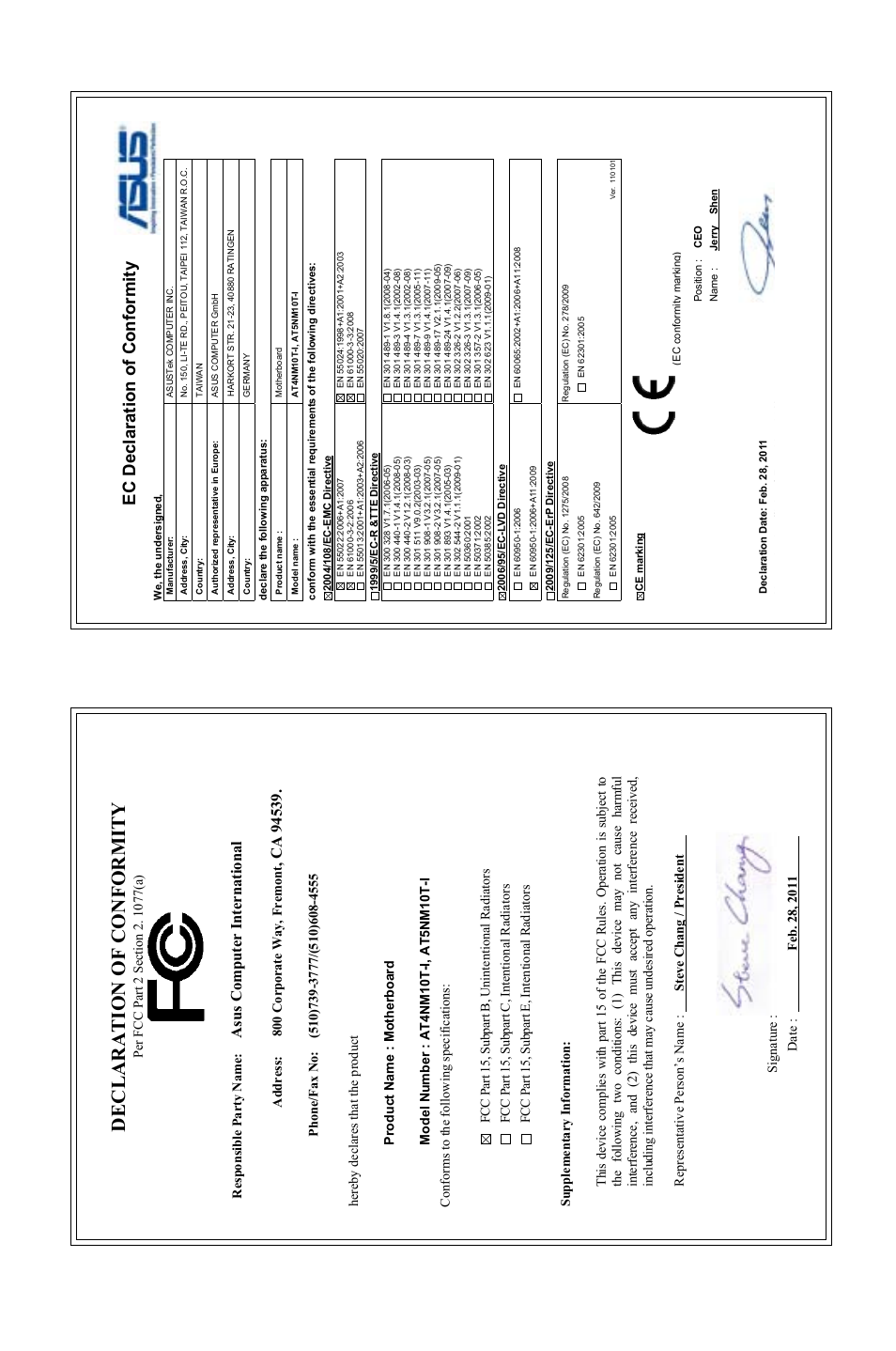 Declaration of conformity, Ec declaration of conformity, Asu s c om pu te r in te rn at io na l | Asus AT4NM10T-I User Manual | Page 44 / 44