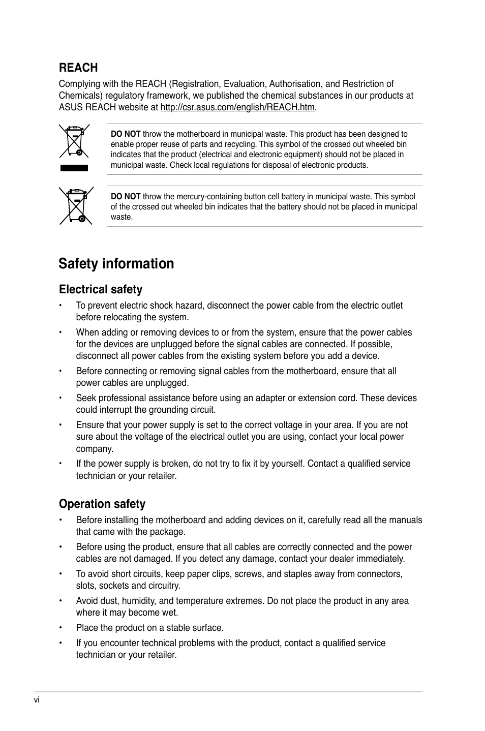 Safety information, Reach, Electrical safety | Operation safety | Asus AT4NM10T-I User Manual | Page 6 / 44