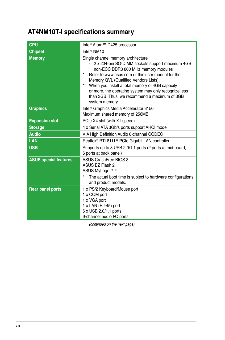 At4nm10t-i specifications summary | Asus AT4NM10T-I User Manual | Page 8 / 44