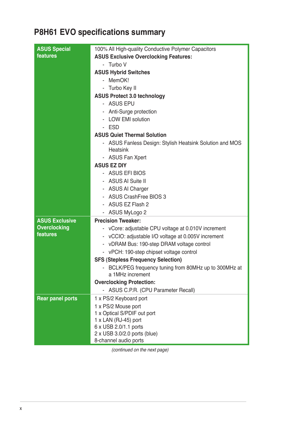 P8h61 evo specifications summary | Asus P8H61 EVO User Manual | Page 10 / 76