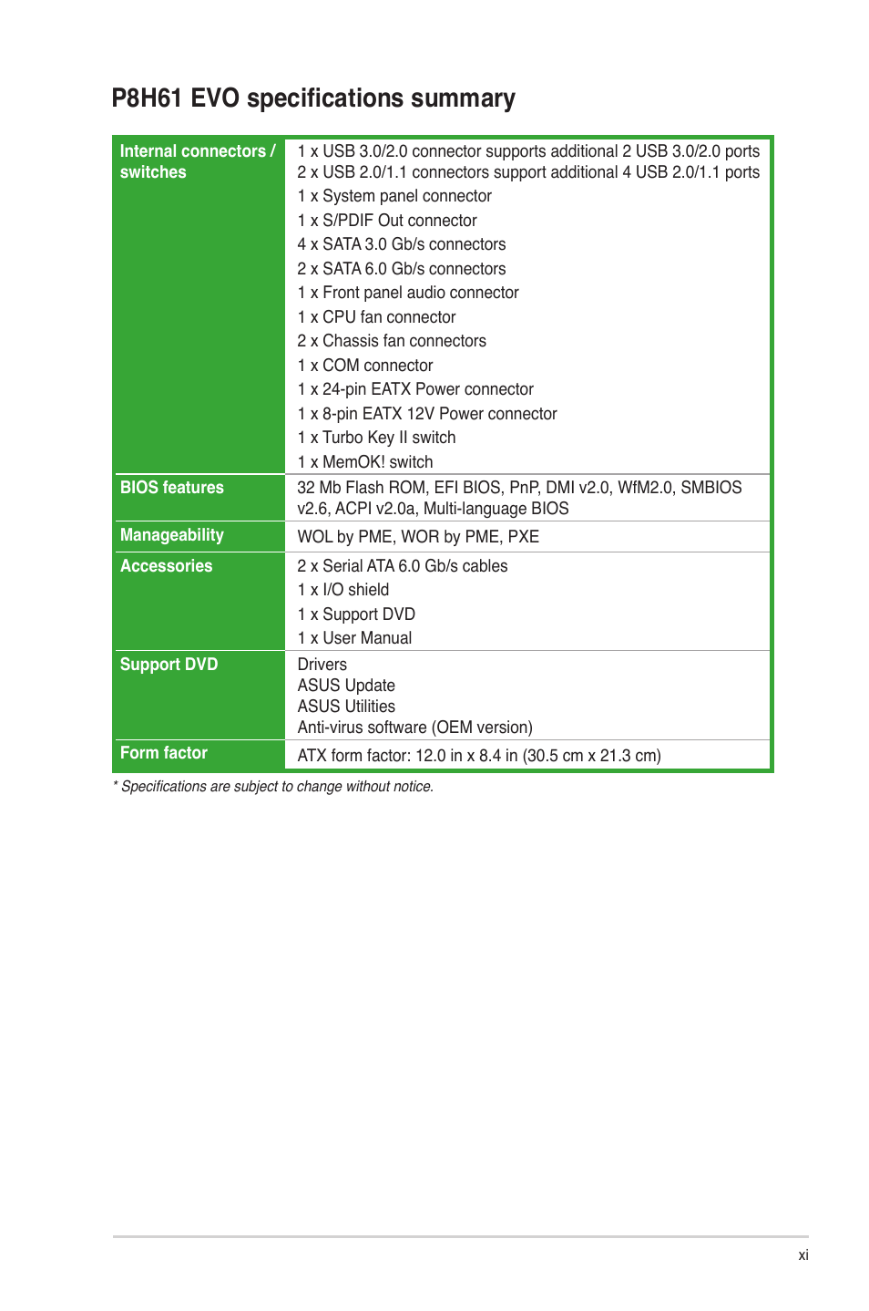 P8h61 evo specifications summary | Asus P8H61 EVO User Manual | Page 11 / 76