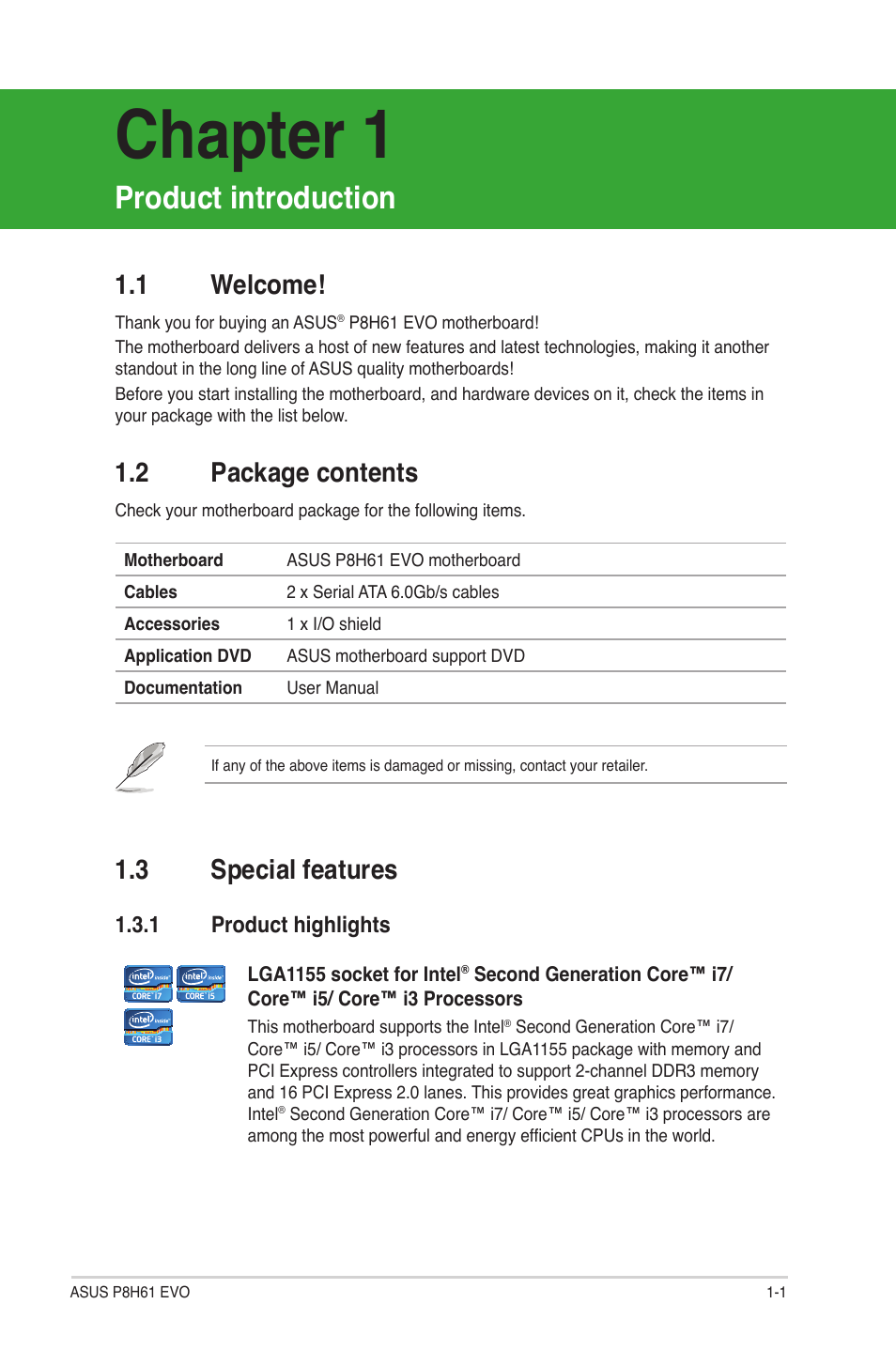 Chapter 1, Product introduction, 1 welcome | 2 package contents, 3 special features, 1 product highlights, Chapter 1 product introduction, Welcome! -1, Package contents -1, Special features -1 1.3.1 | Asus P8H61 EVO User Manual | Page 13 / 76