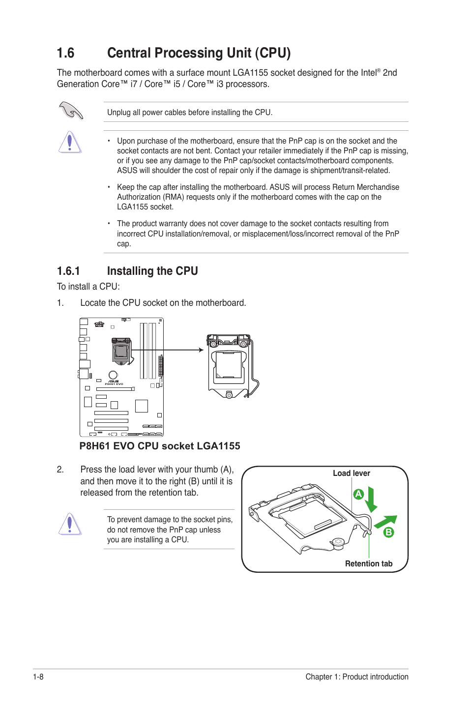 6 central processing unit (cpu), 1 installing the cpu, Central processing unit (cpu) -8 1.6.1 | Installing the cpu -8 | Asus P8H61 EVO User Manual | Page 20 / 76