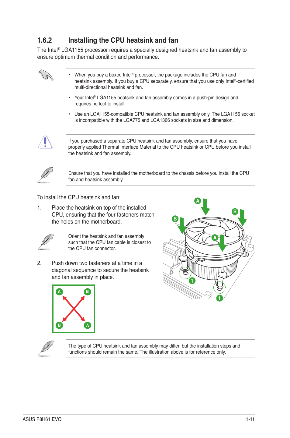 2 installing the cpu heatsink and fan, Installing the cpu heatsink and fan -11 | Asus P8H61 EVO User Manual | Page 23 / 76