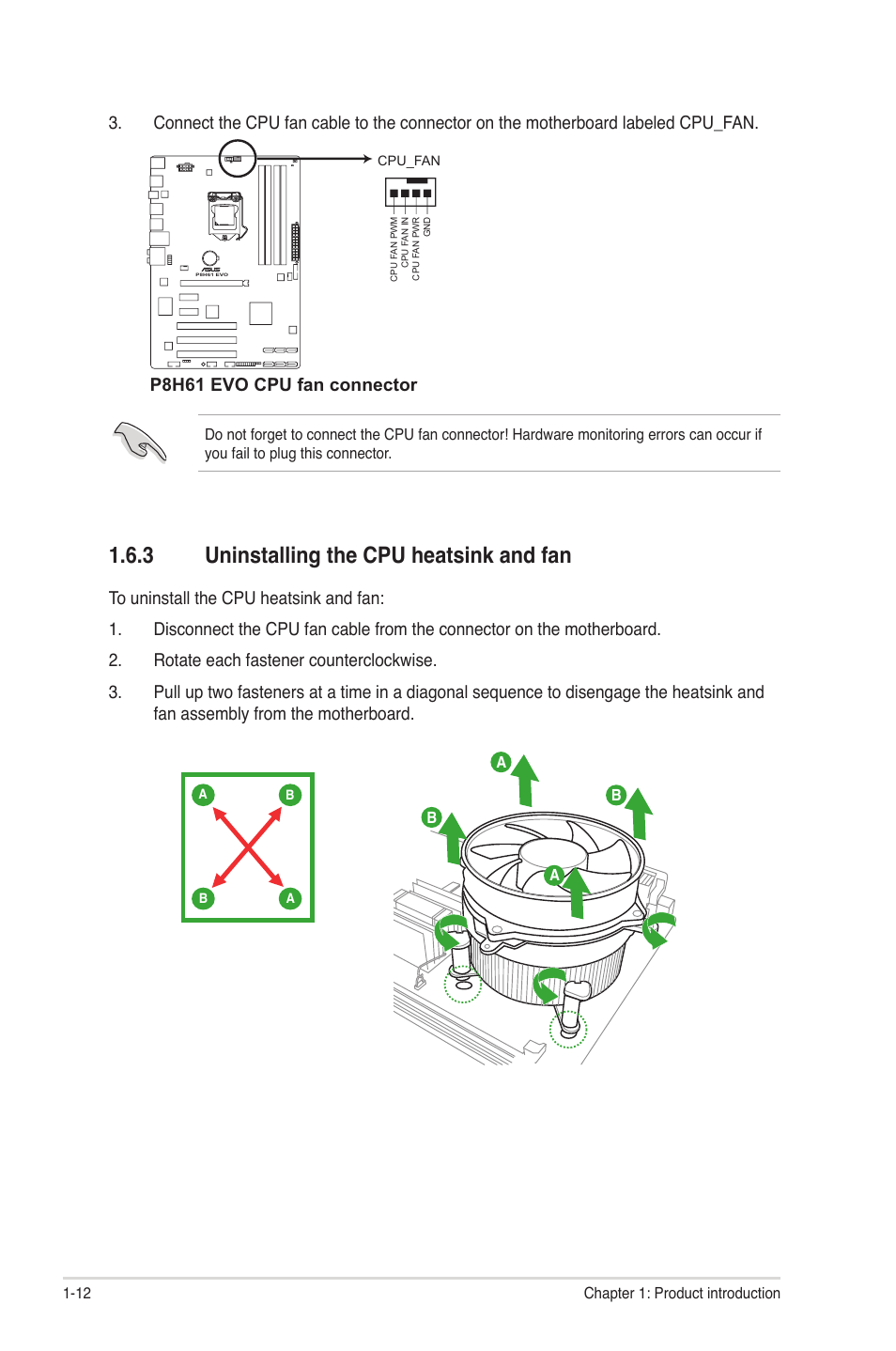 3 uninstalling the cpu heatsink and fan, Uninstalling the cpu heatsink and fan -12, P8h61 evo cpu fan connector | Asus P8H61 EVO User Manual | Page 24 / 76