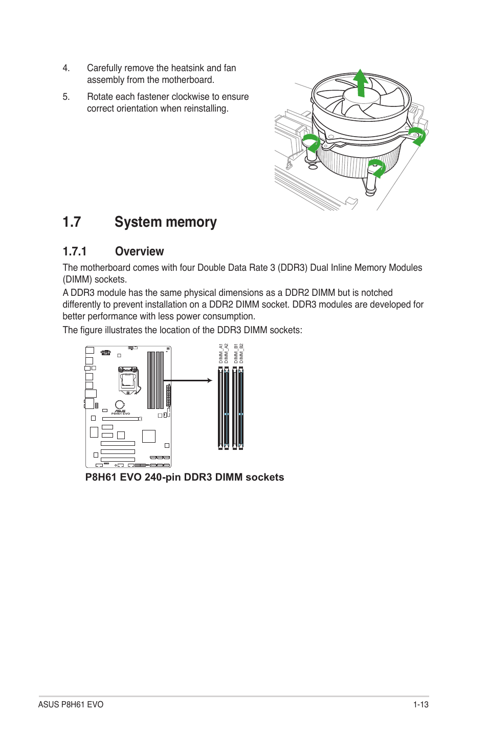 7 system memory, 1 overview, System memory -13 1.7.1 | Overview -13 | Asus P8H61 EVO User Manual | Page 25 / 76