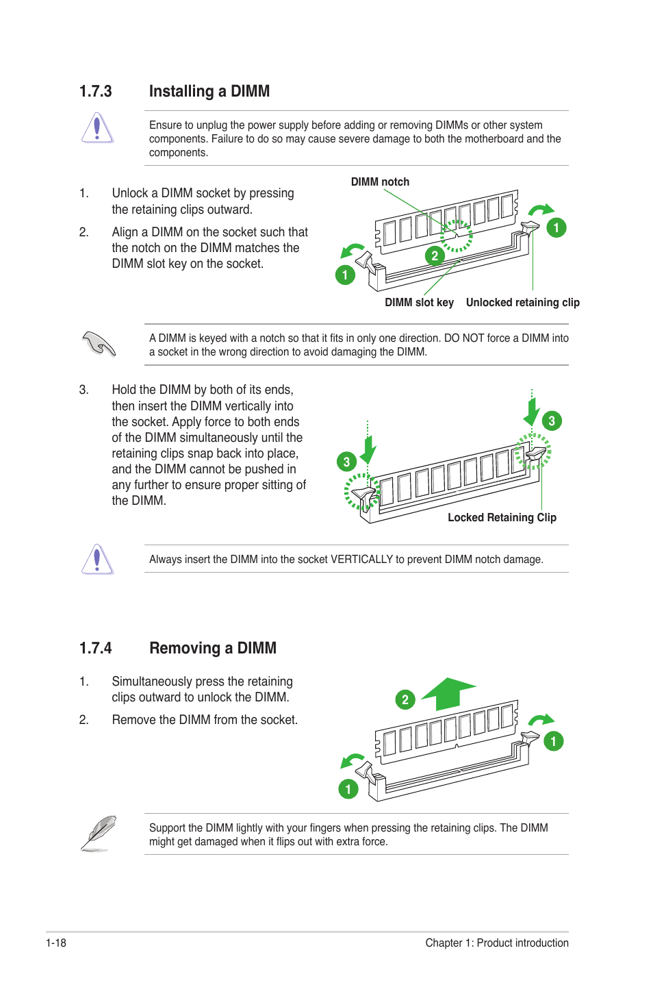 3 installing a dimm, 4 removing a dimm, Installing a dimm -18 | Removing a dimm -18 | Asus P8H61 EVO User Manual | Page 30 / 76