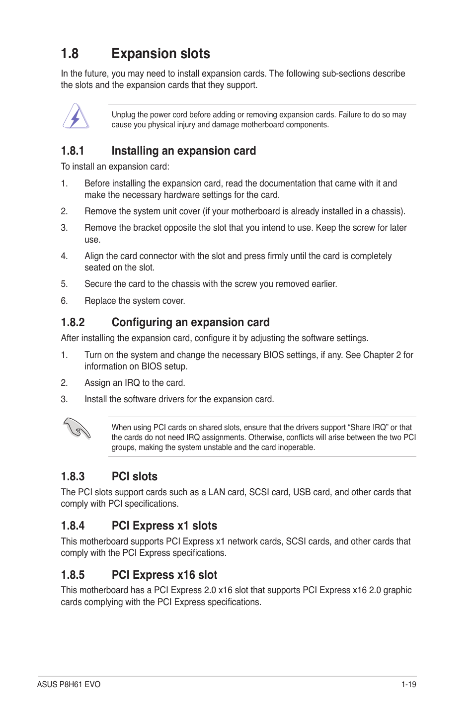 8 expansion slots, 1 installing an expansion card, 2 configuring an expansion card | 3 pci slots, 4 pci express x1 slots, 5 pci express x16 slot, Expansion slots -19 1.8.1, Installing an expansion card -19, Configuring an expansion card -19, Pci slots -19 | Asus P8H61 EVO User Manual | Page 31 / 76