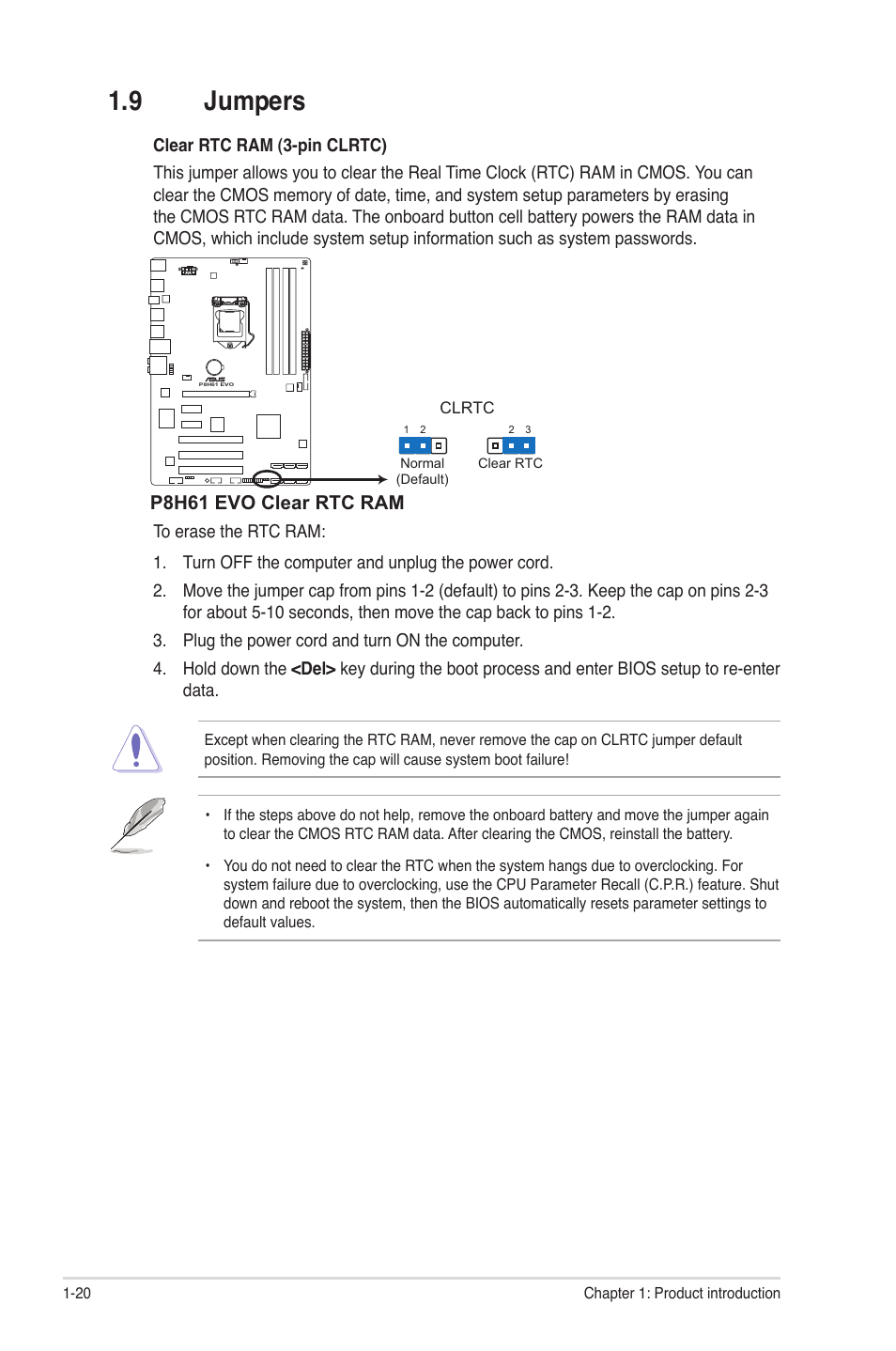 9 jumpers, Jumpers -20 | Asus P8H61 EVO User Manual | Page 32 / 76