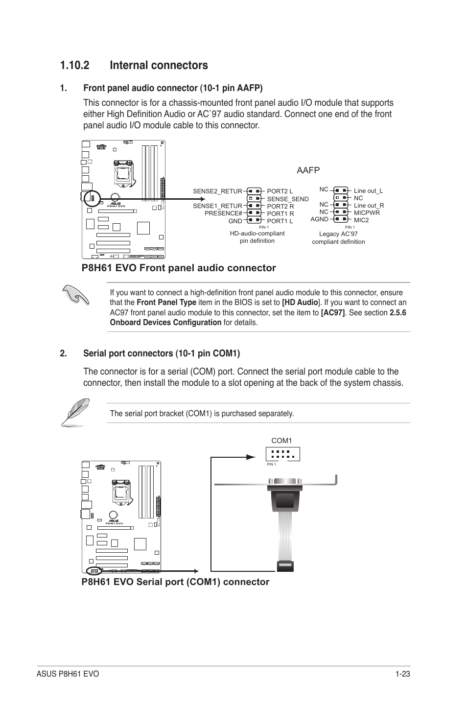 2 internal connectors, 2 internal connectors -23, P8h61 evo front panel audio connector | P8h61 evo serial port (com1) connector | Asus P8H61 EVO User Manual | Page 35 / 76