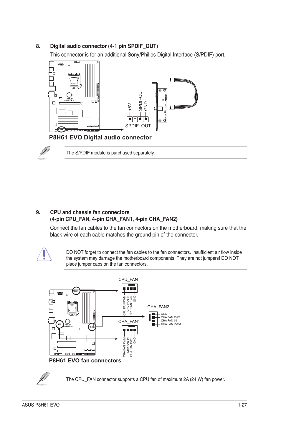 P8h61 evo digital audio connector, P8h61 evo fan connectors, The s/pdif module is purchased separately | Asus P8H61 EVO User Manual | Page 39 / 76