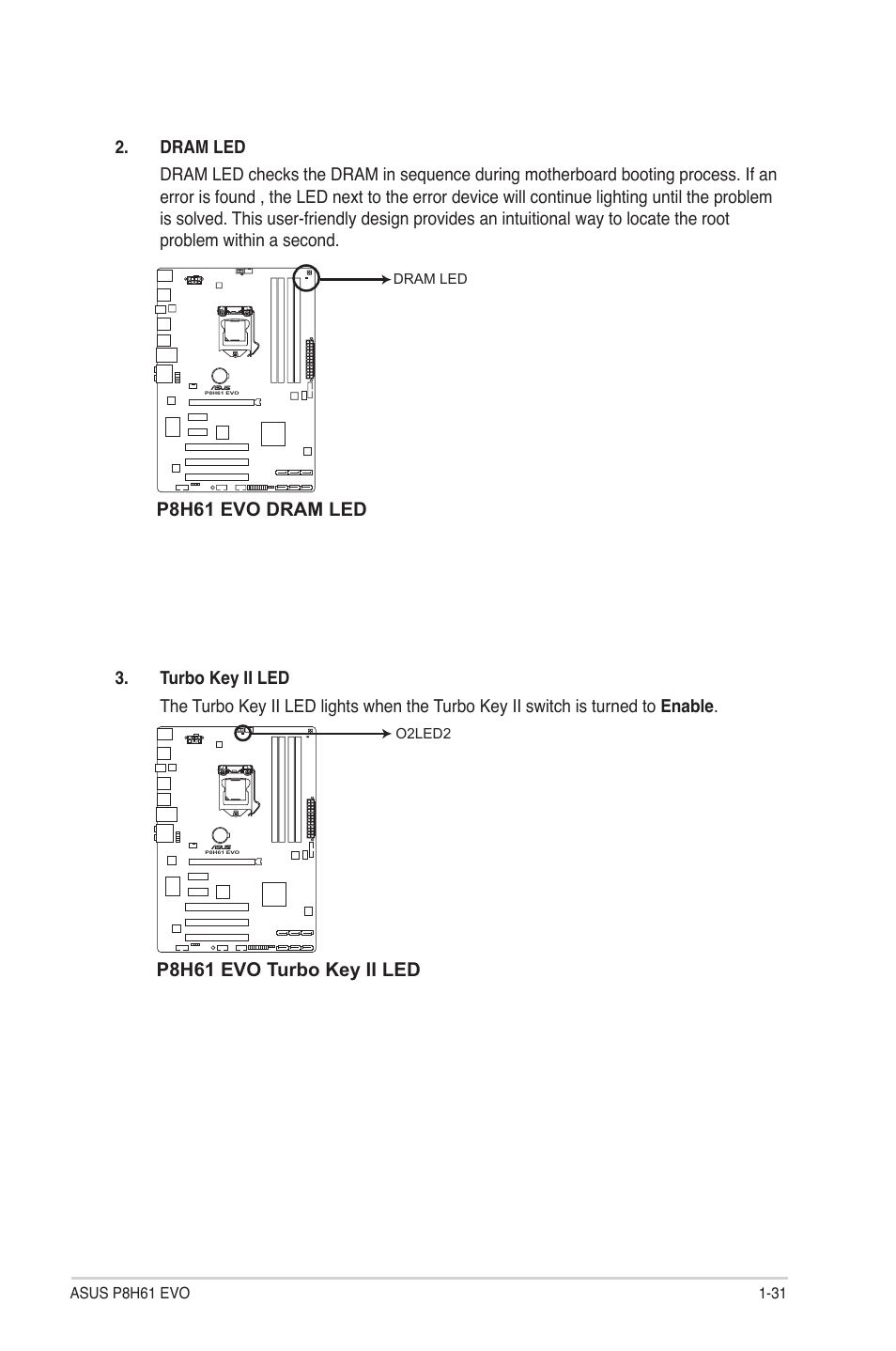 12 onboard leds, 12 onboard leds -31, P8h61 evo dram led | P8h61 evo turbo key ii led | Asus P8H61 EVO User Manual | Page 43 / 76