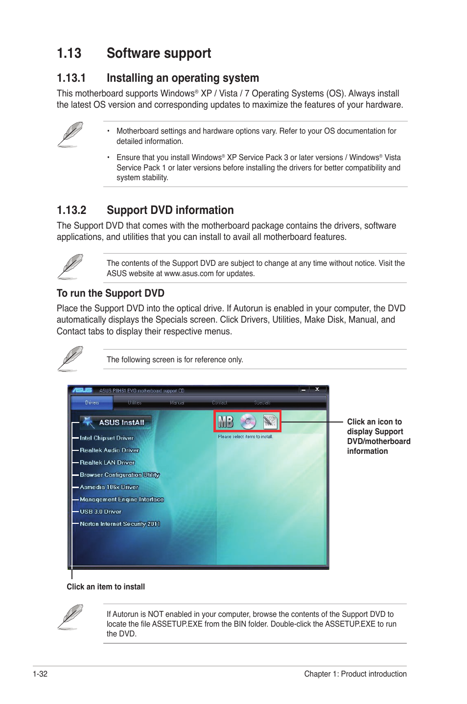 13 software support, 1 installing an operating system, 2 support dvd information | 13 software support -32 | Asus P8H61 EVO User Manual | Page 44 / 76