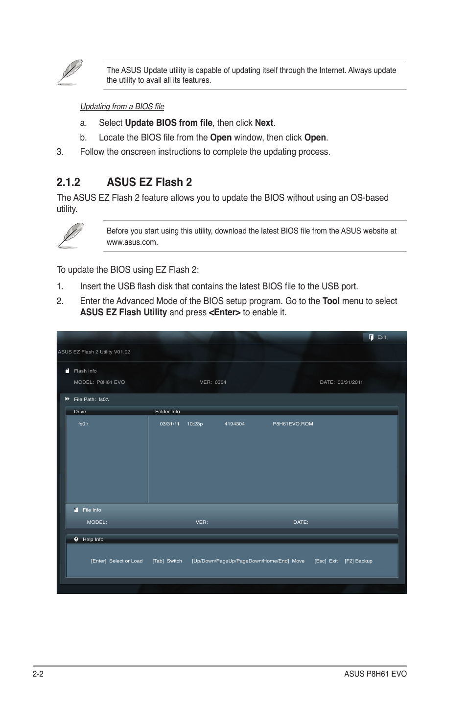 2 asus ez flash 2, Asus ez flash 2 -2 | Asus P8H61 EVO User Manual | Page 46 / 76